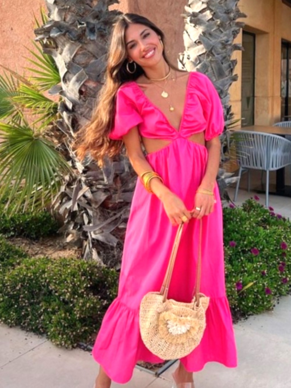 Women's Pink Cutout Maxi Dress - Effortless Summer Style Zara poplin puff sleeve